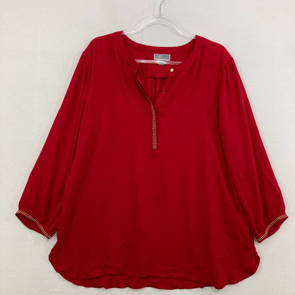 JM Collection Blouse size XL Red Embellished 3/4 Sleeve Soft Preppy Popover